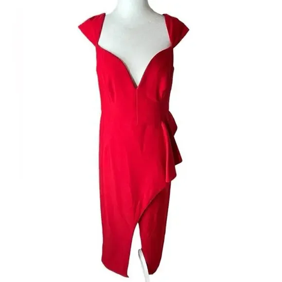 Black Halo Eve by Laurel Berman Red Ruffled Ponte Gown | Size 12 - Picture 7 of 9